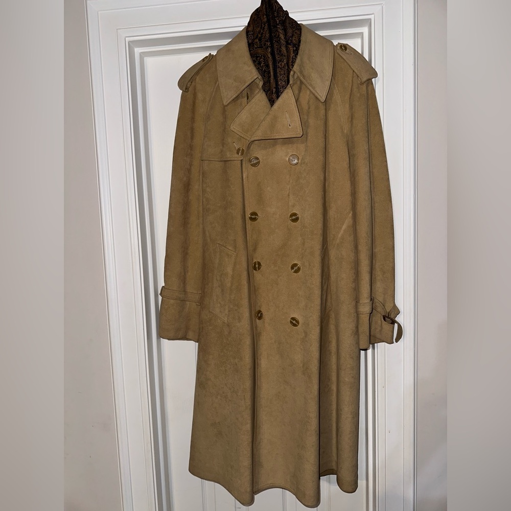 JEFFREY BANKS, TAN, ULTRASUEDE, Men’s Designer Double-Breasted Overcoat  Sz: 42R